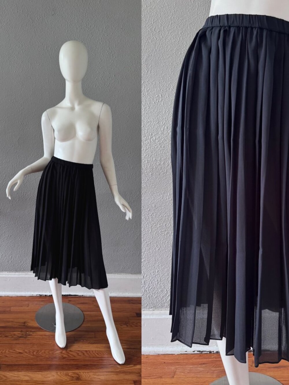 Vintage 80s Black Sheer Pleated Midi Skirt XS/S
